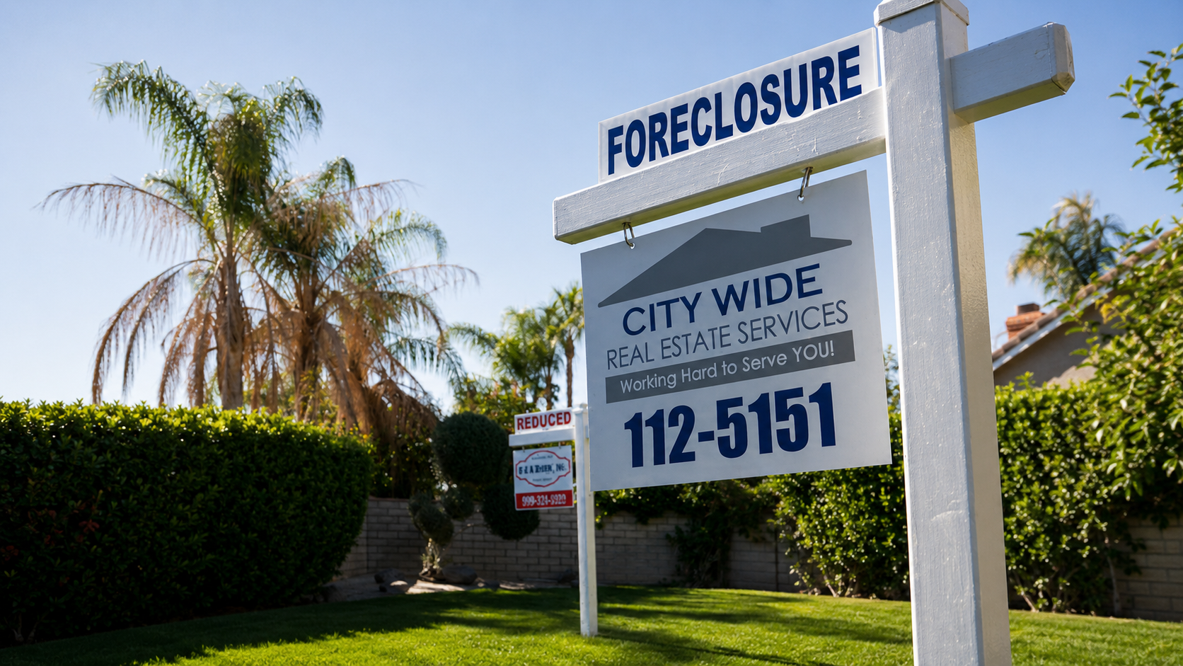 Foreclosure sign in front of a palm-lined house, with citywide real estate logo and phone number
