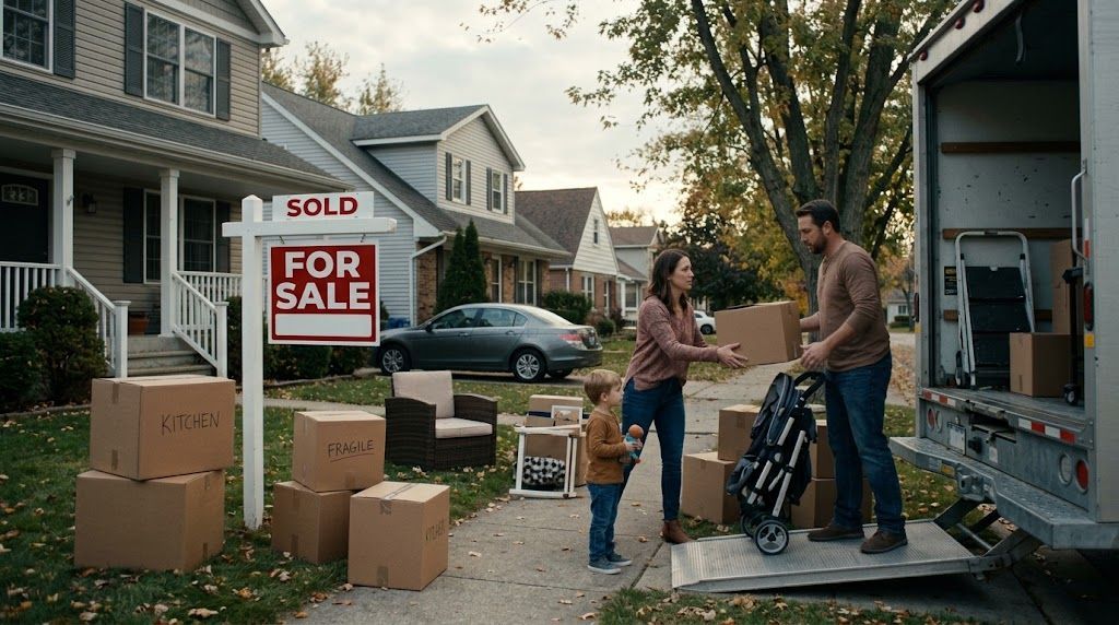Family loading moving boxes into a truck outside a sold suburban home before foreclosure.