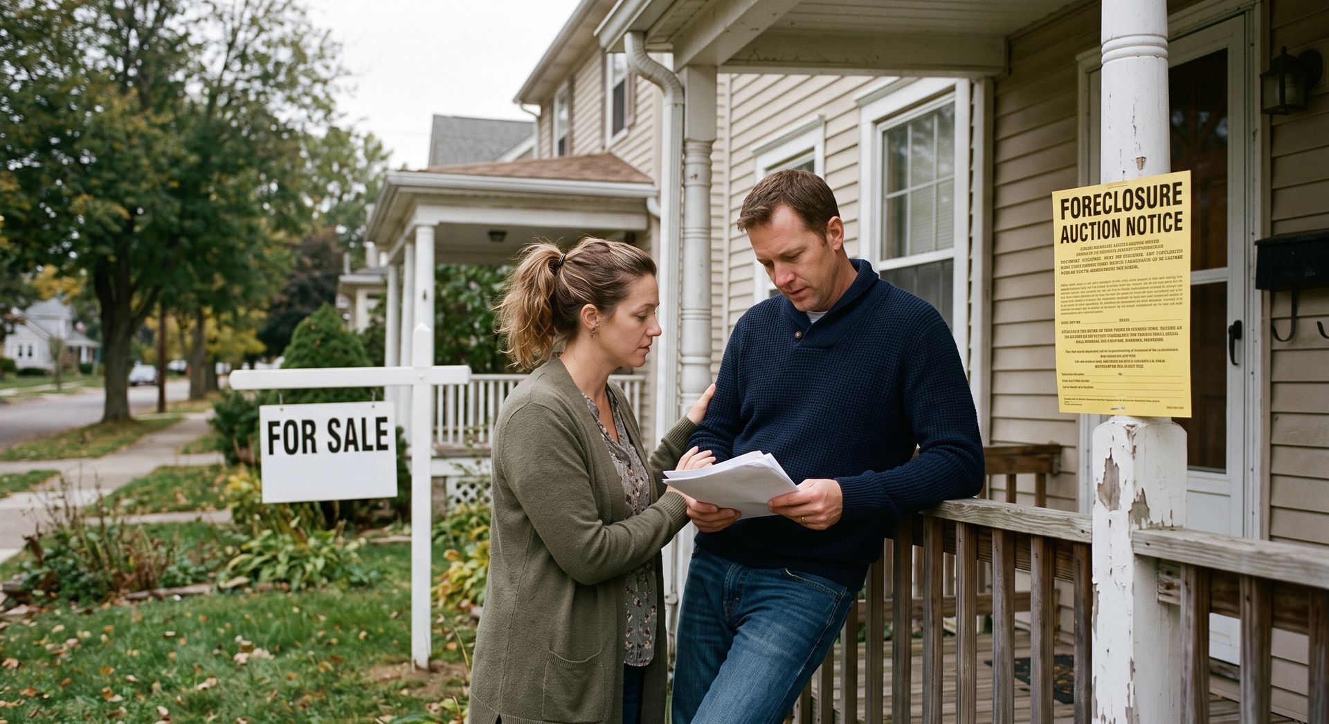 Homeowners reviewing foreclosure documents outside their house while exploring options to sell before foreclosure.