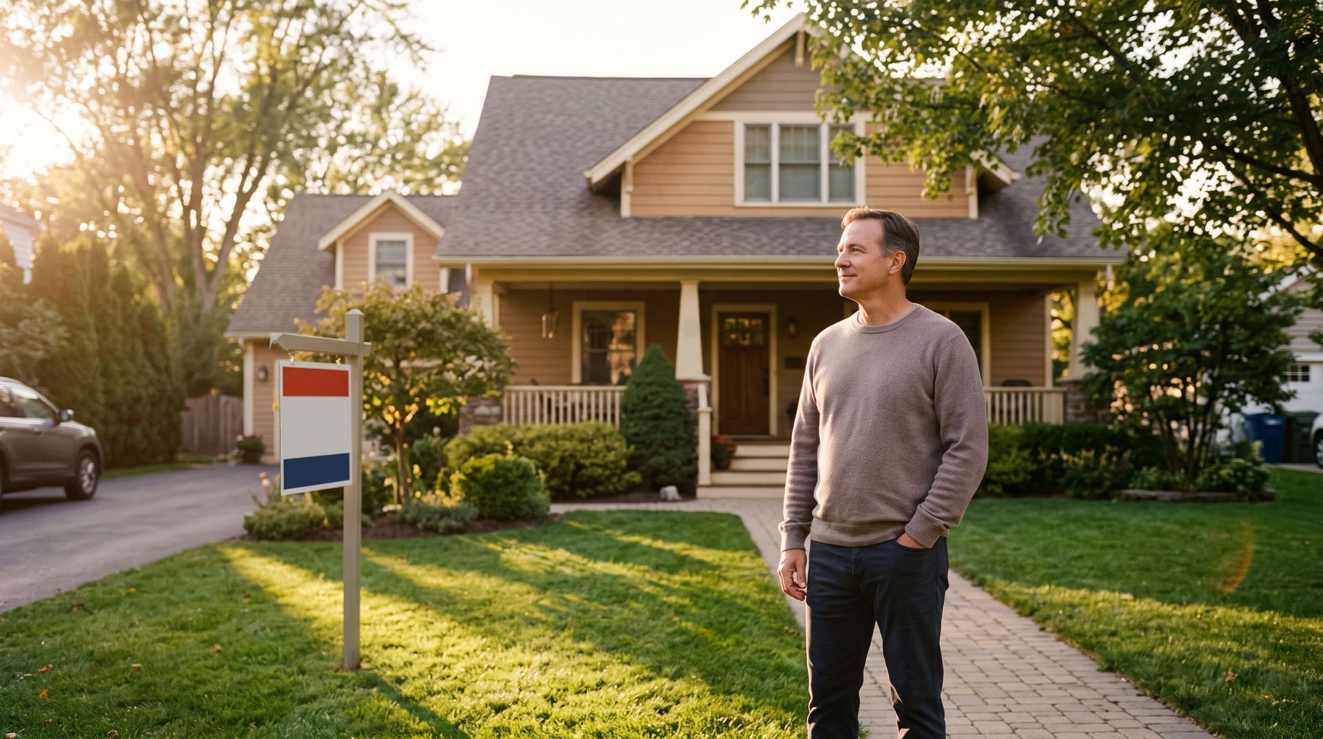 Homeowner standing outside a house with a sale sign, considering selling before foreclosure.