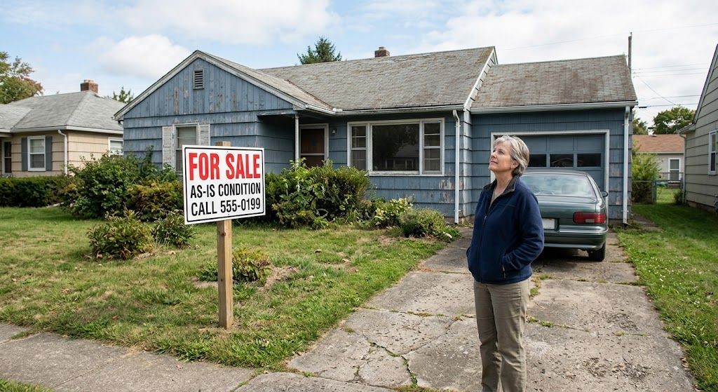Homeowner standing outside an as-is property with a for sale sign while considering a fast home sale option.