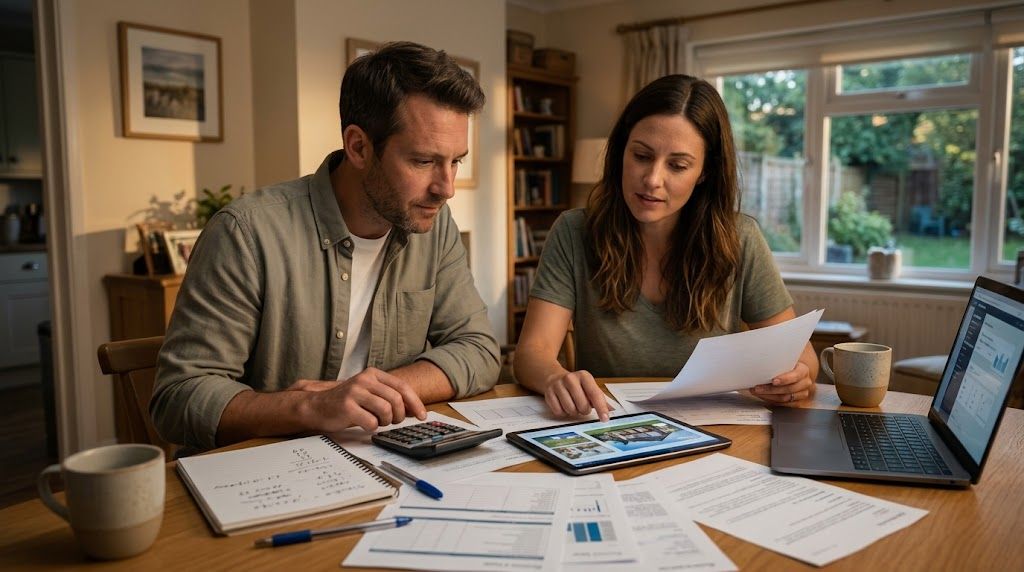 Homeowners reviewing property value estimates, financial documents, and home listings at a kitchen table.