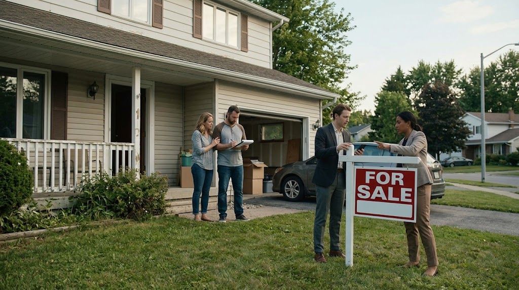 Homeowners working with real estate professionals to sell their house before foreclosure.