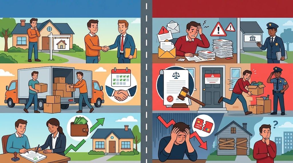 Infographic comparing selling a house before foreclosure with the financial and legal consequences of waiting for foreclosure.