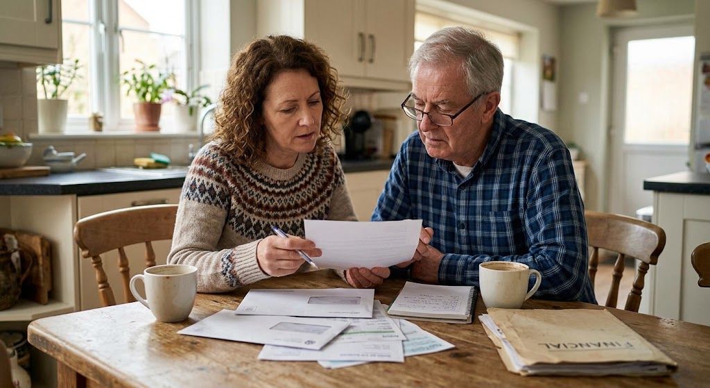 Couple reviewing financial documents at home while understanding their mortgage and foreclosure situation.