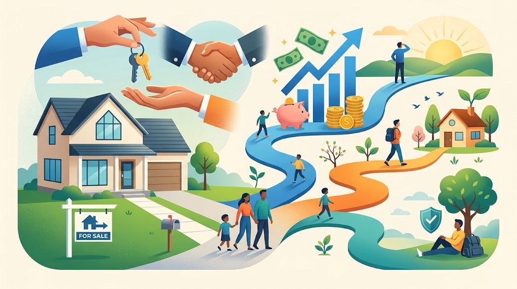 Illustration of house sale, key exchange, and financial paths for pre-foreclosure homeowners.