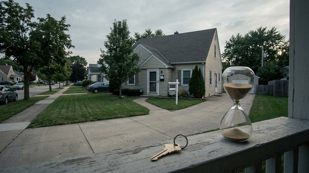 House with an hourglass and keys, symbolizing the limited time to act during pre-foreclosure.