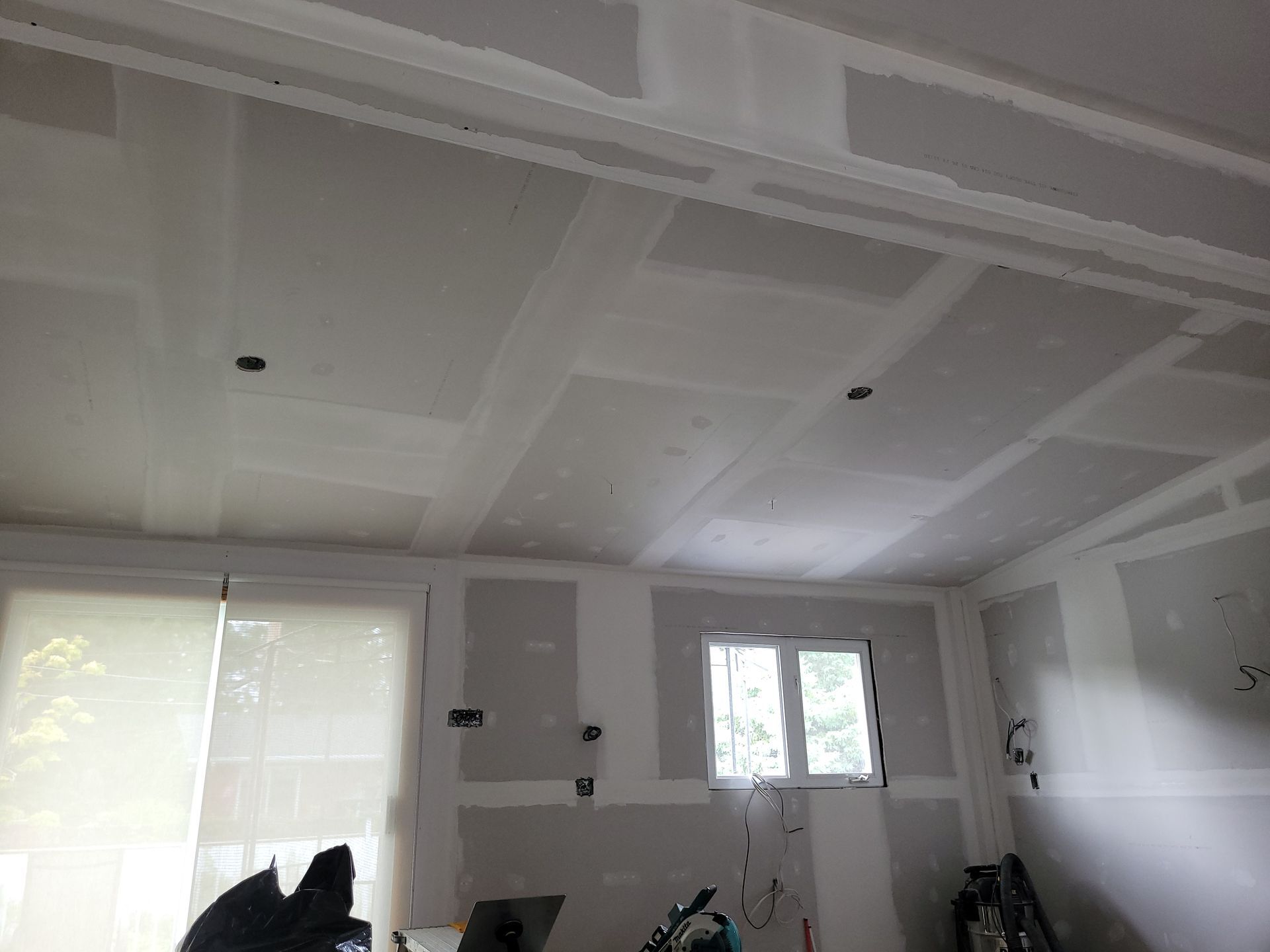 Un chien est assis dans une pièce dont le plafond est en cours de rénovation.