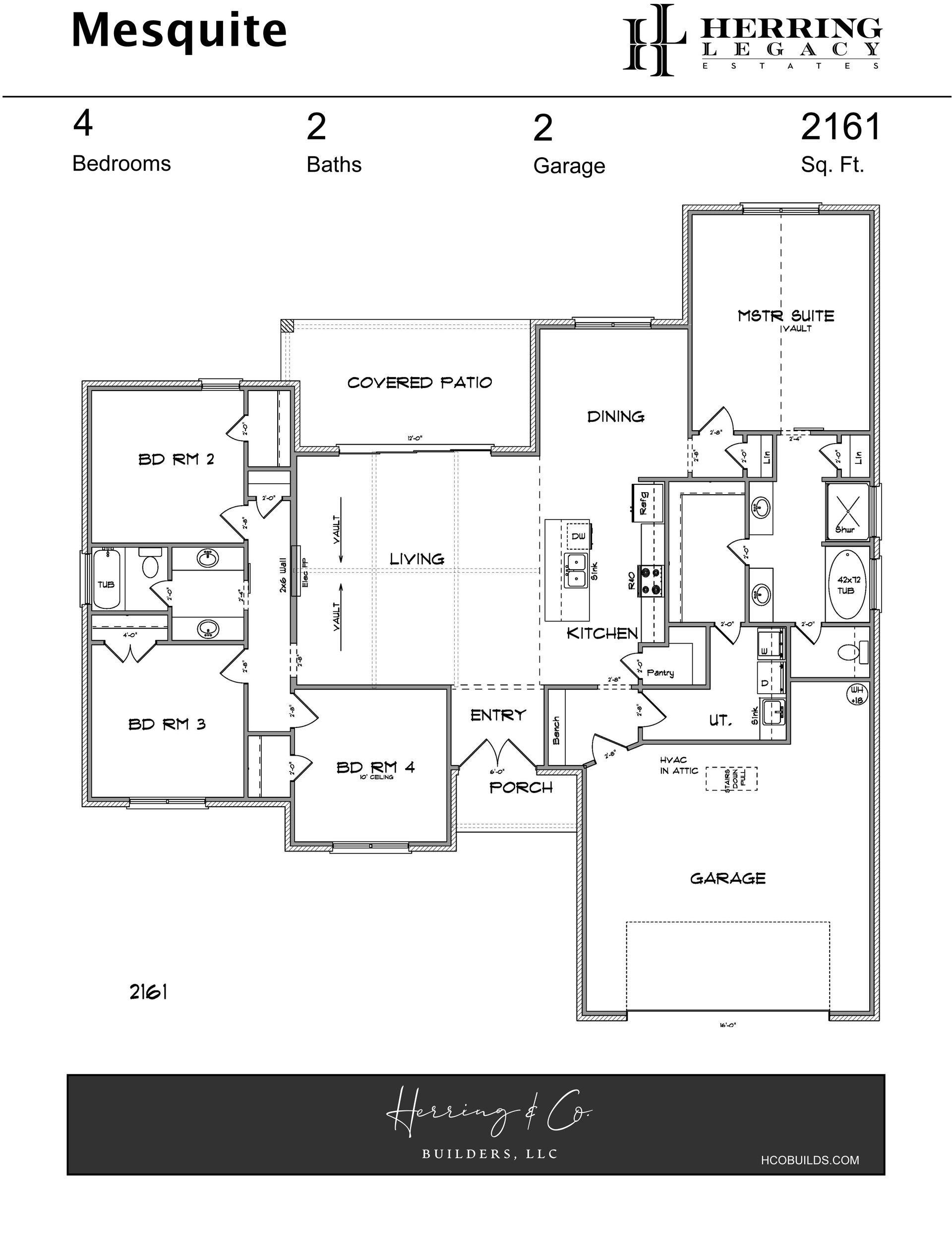 Floor plan of a house: Mesquite, with four bedrooms, two baths, and two-car garage.