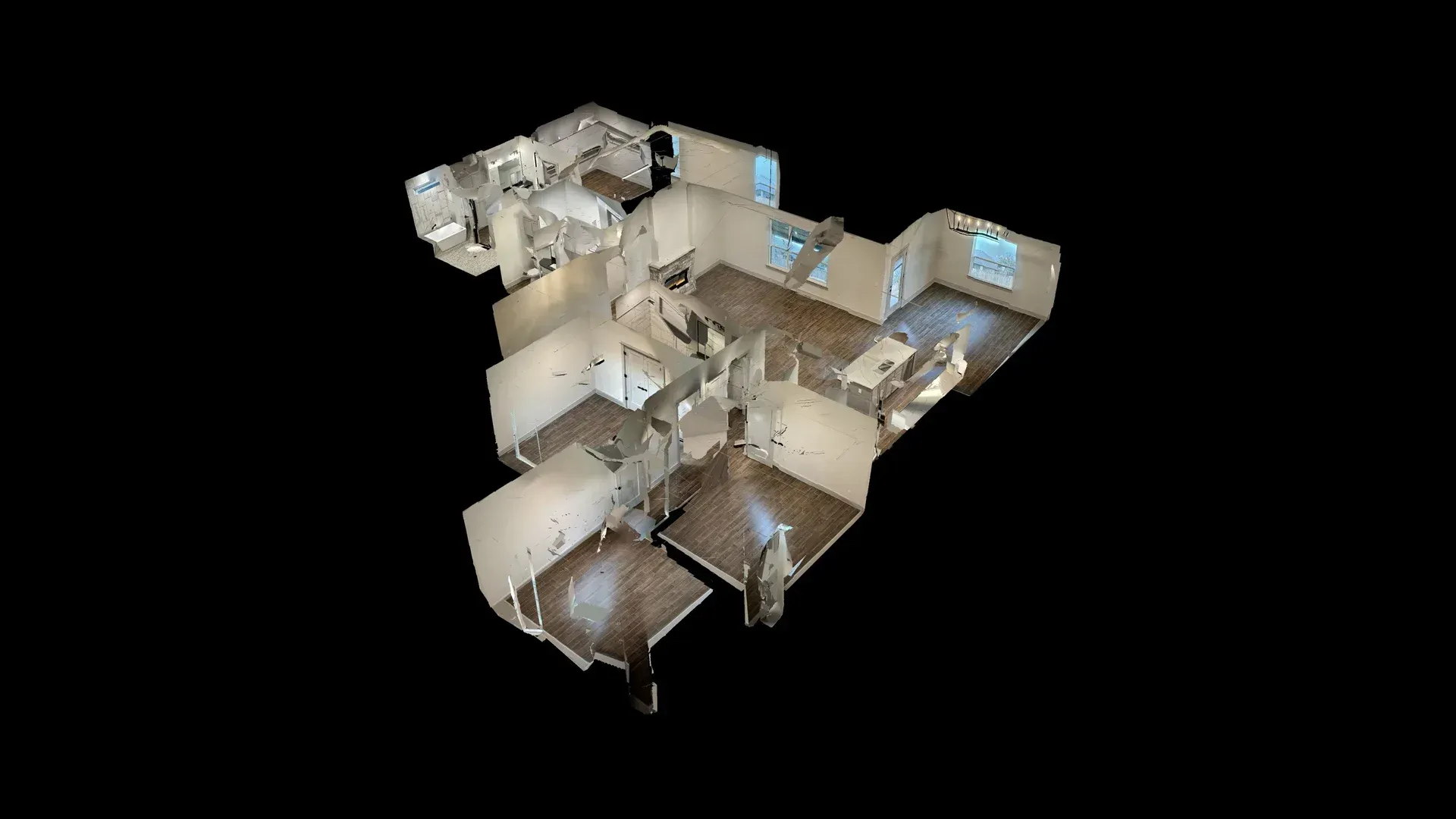 3D model of a house interior; overhead view with rooms and windows on a black background.