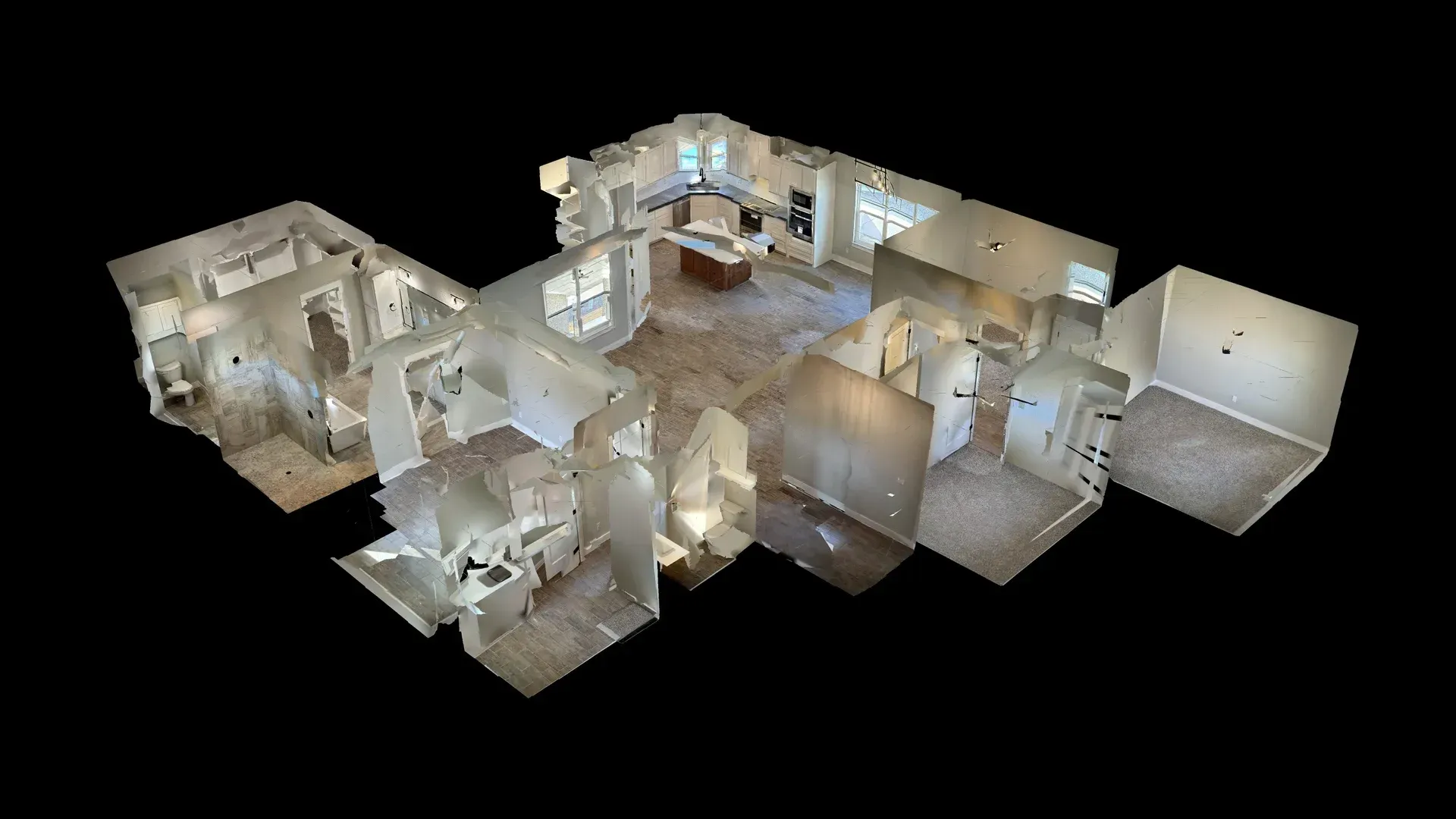 3D floor plan of a home with multiple rooms, including a kitchen with an island, and several bedrooms.