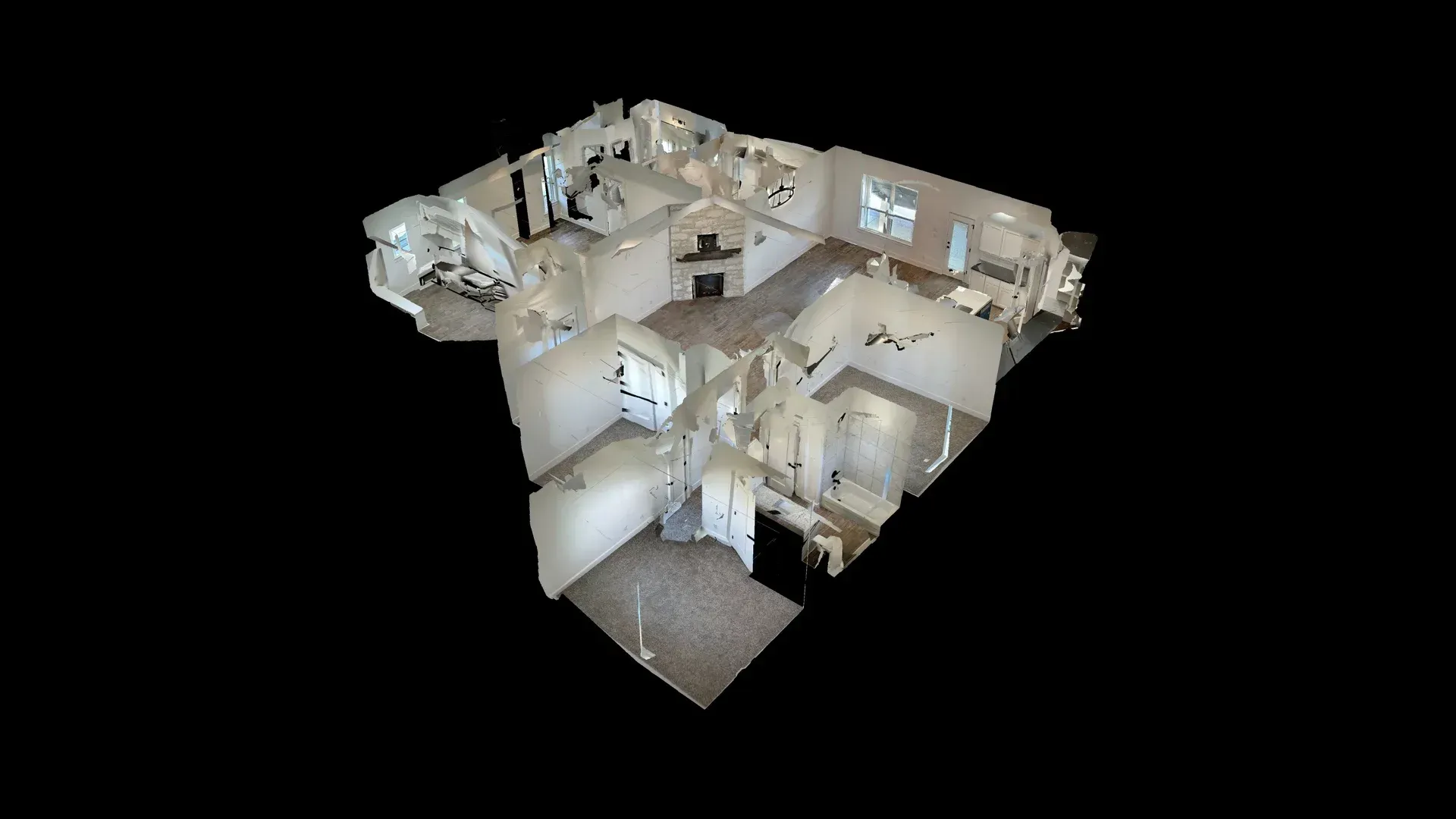3D model of a house interior; shows rooms, furniture, and layout on a black background.
