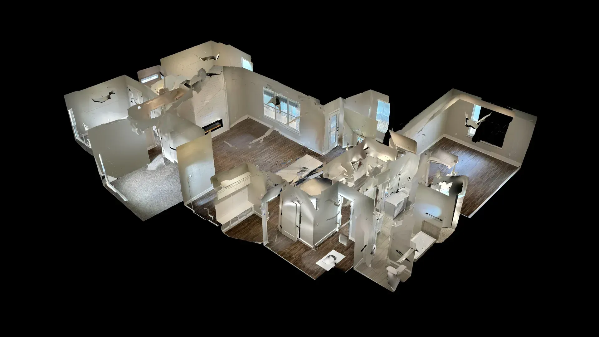 3D rendering of a home's floor plan, showing rooms, furniture, and windows against a black background.