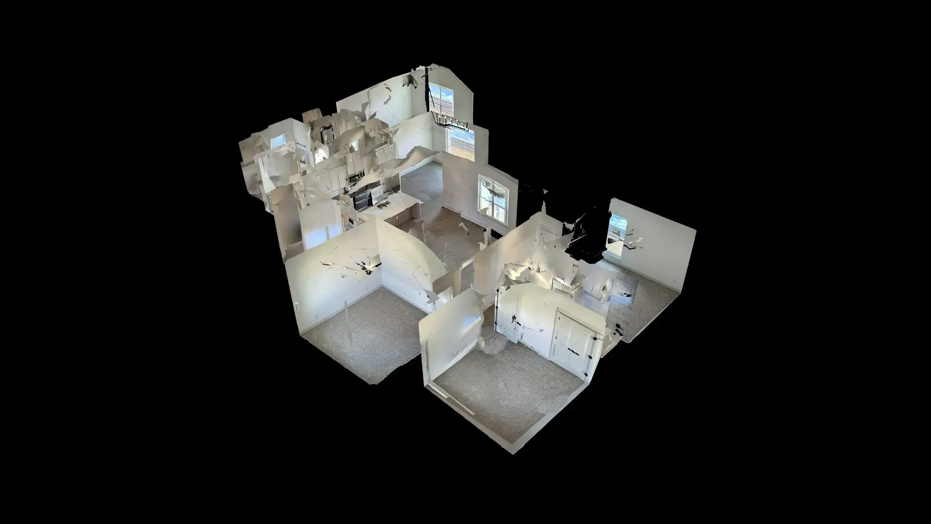 3D floor plan of a home with rooms, windows, and furniture. White walls and black background.