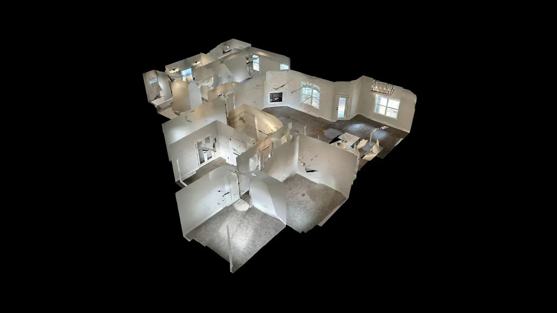 3D model of a house interior; white walls, multiple rooms, windows, and furniture visible against a black background.