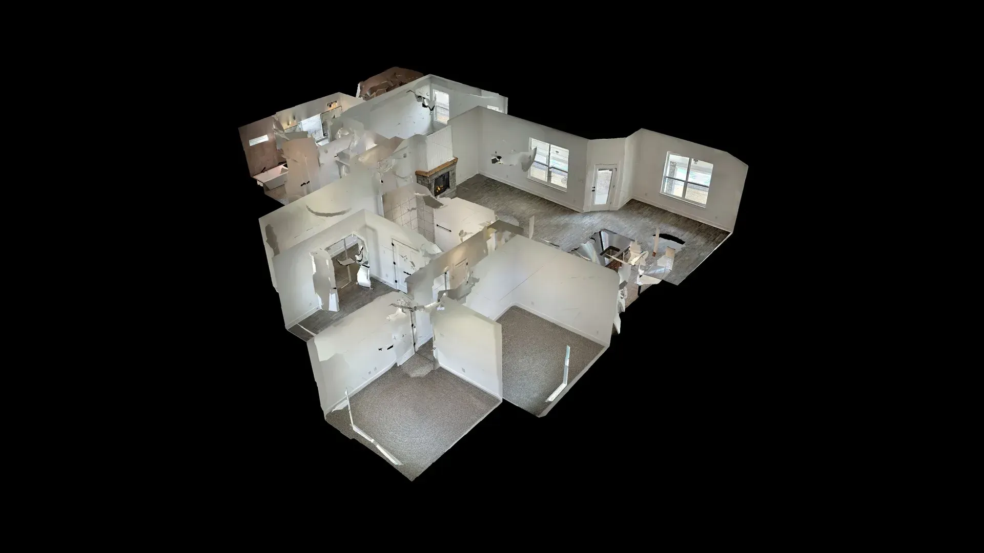 3D model rendering of a house, showcasing interior layout. Black background, white walls, and furniture.