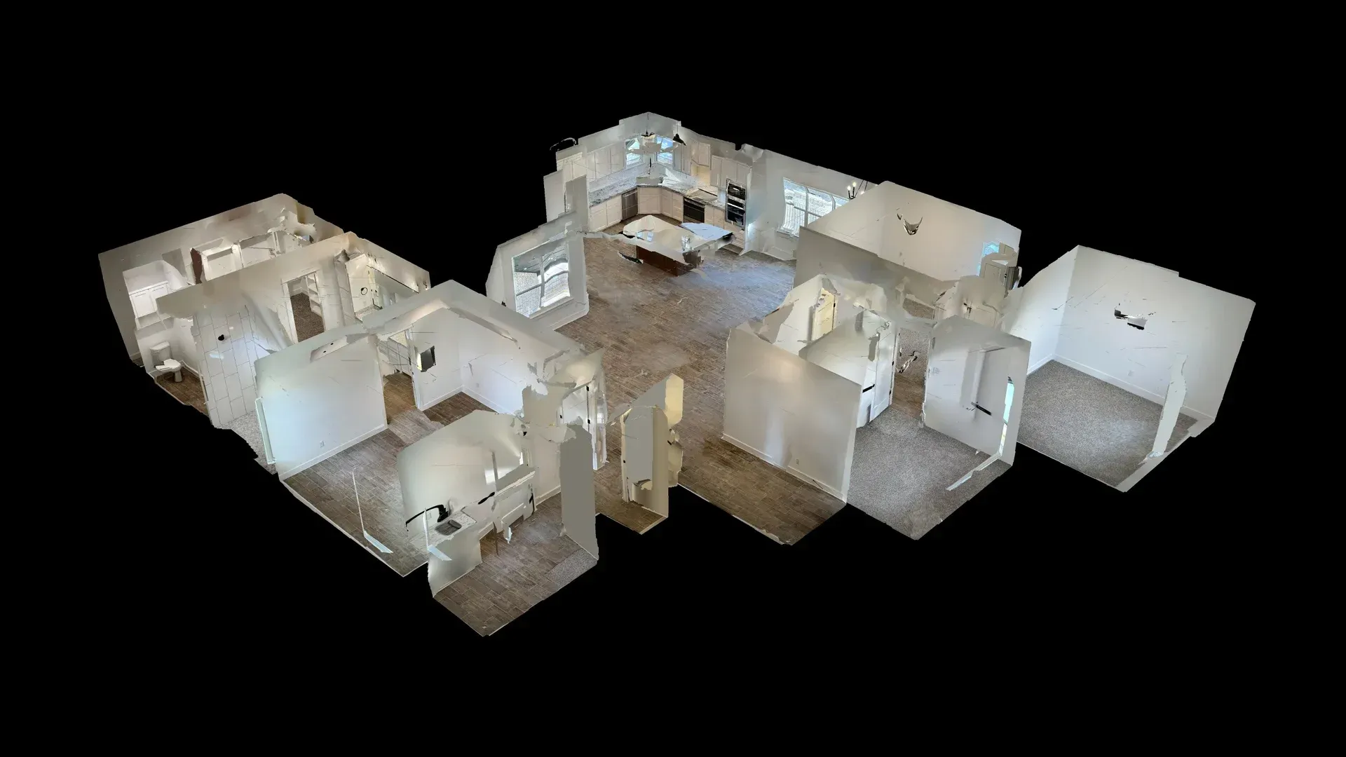 3D rendering of a house floor plan with multiple rooms, including a living room and bedrooms; black background.