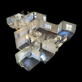 3D model of a house interior, white walls, windows, and dark floors against a black background.