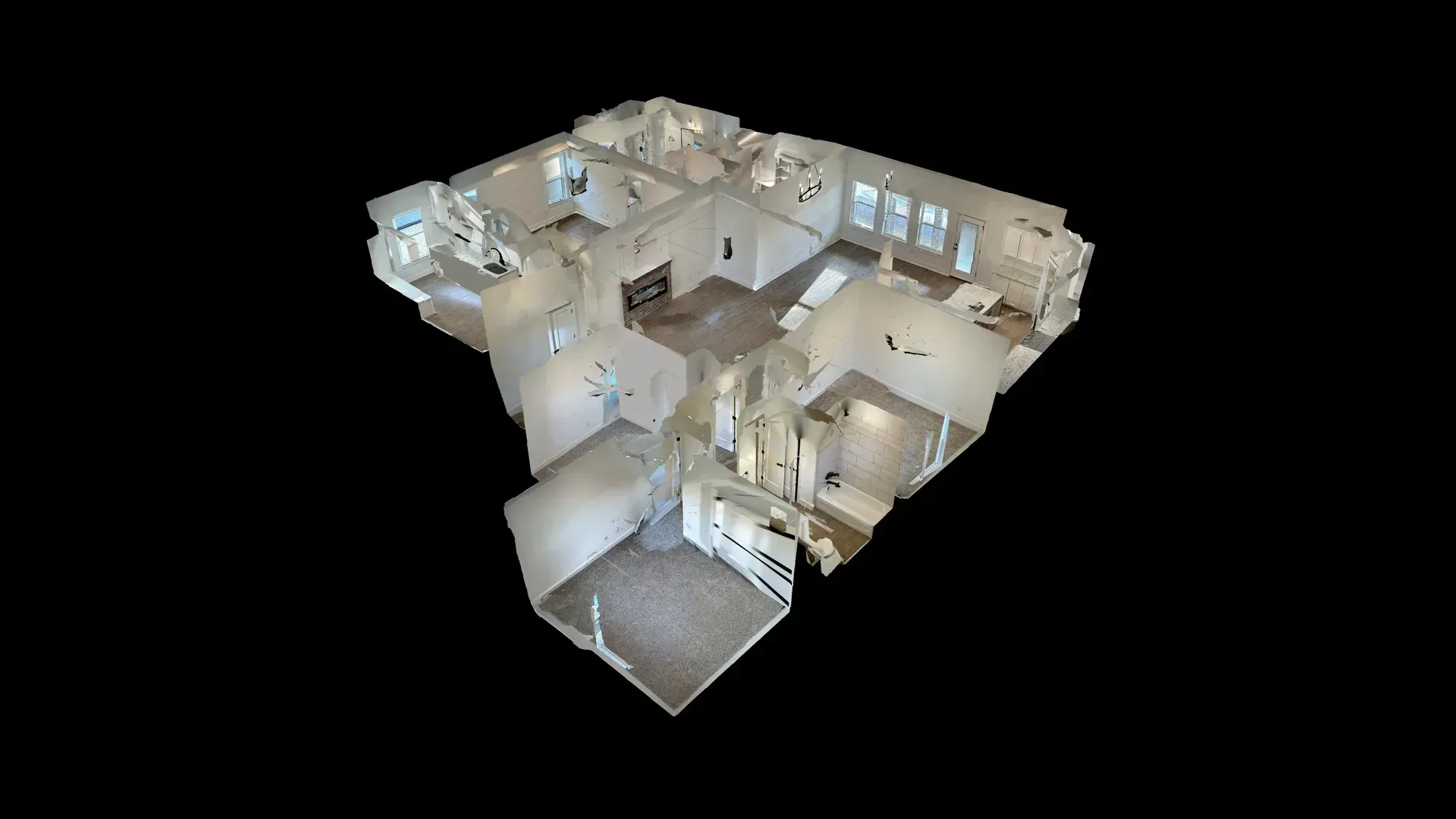 3D rendering of a white house floor plan, showing rooms and layout against a black background.