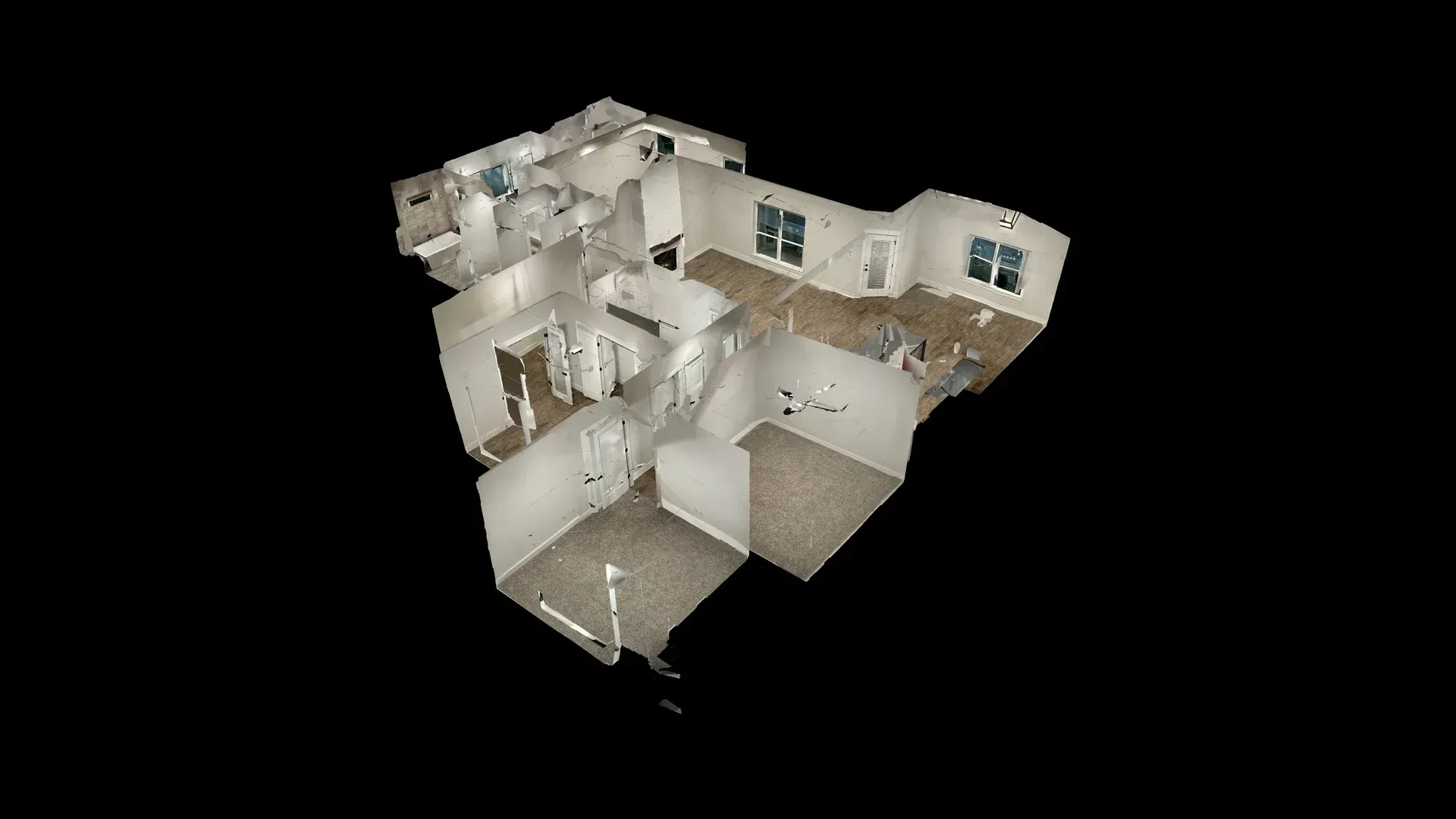 3D rendering of a house interior, showing rooms, walls, windows, and floors on a black background.