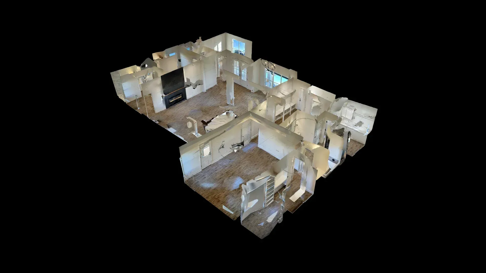 3D rendering of a home's interior, showcasing rooms, furniture, and windows against a black background.
