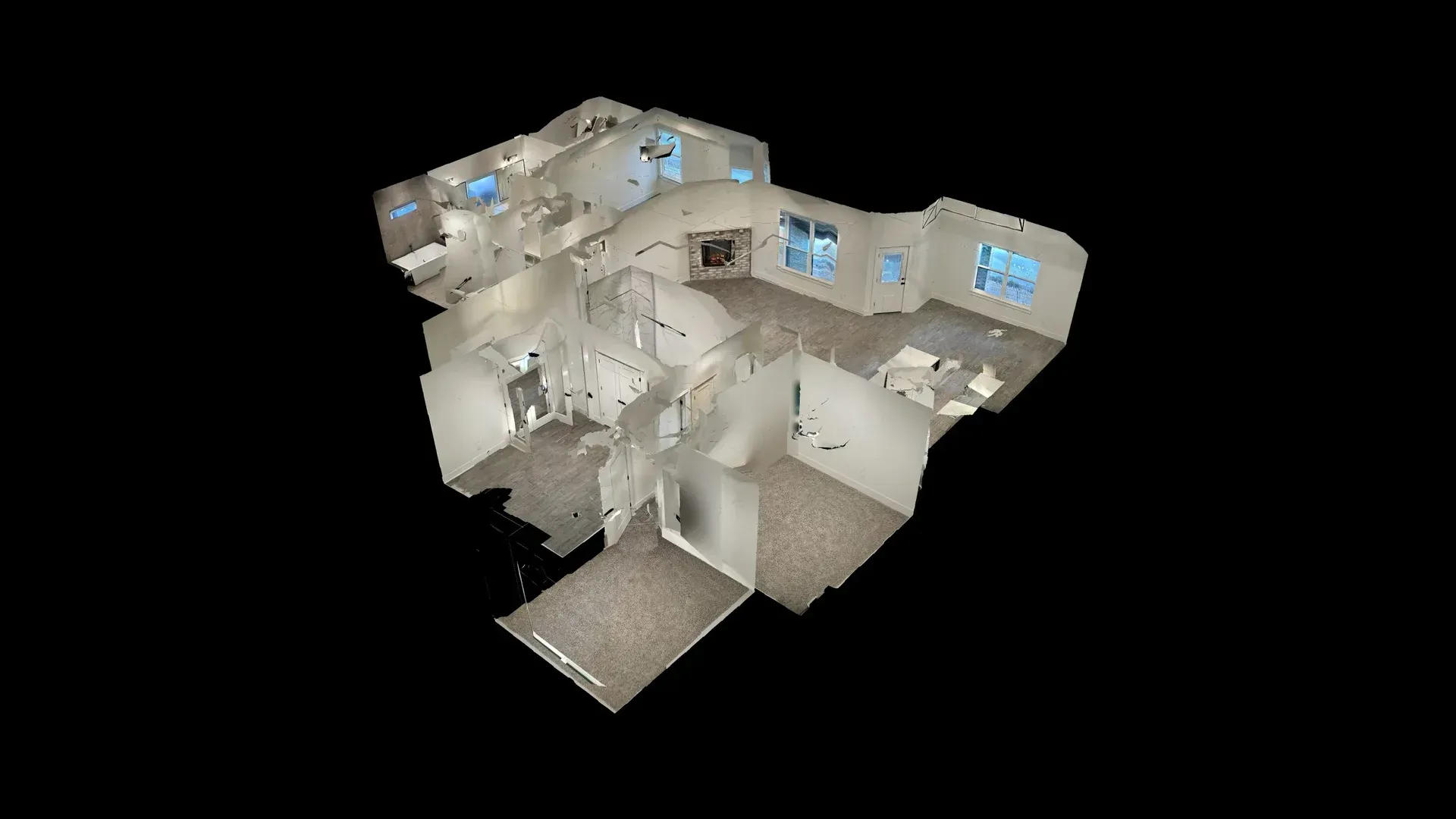 3D rendering of a home's interior, showing walls, windows, and furniture against a black background.