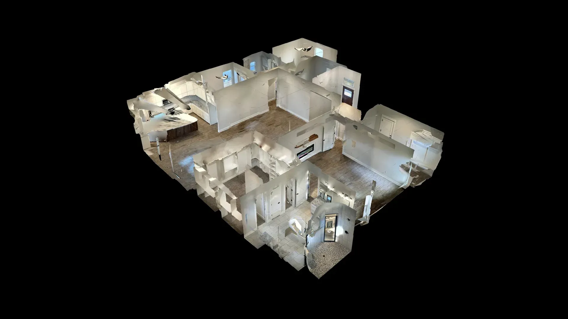 3D rendering of a home's floor plan, showing rooms, walls, and furniture against a black background.
