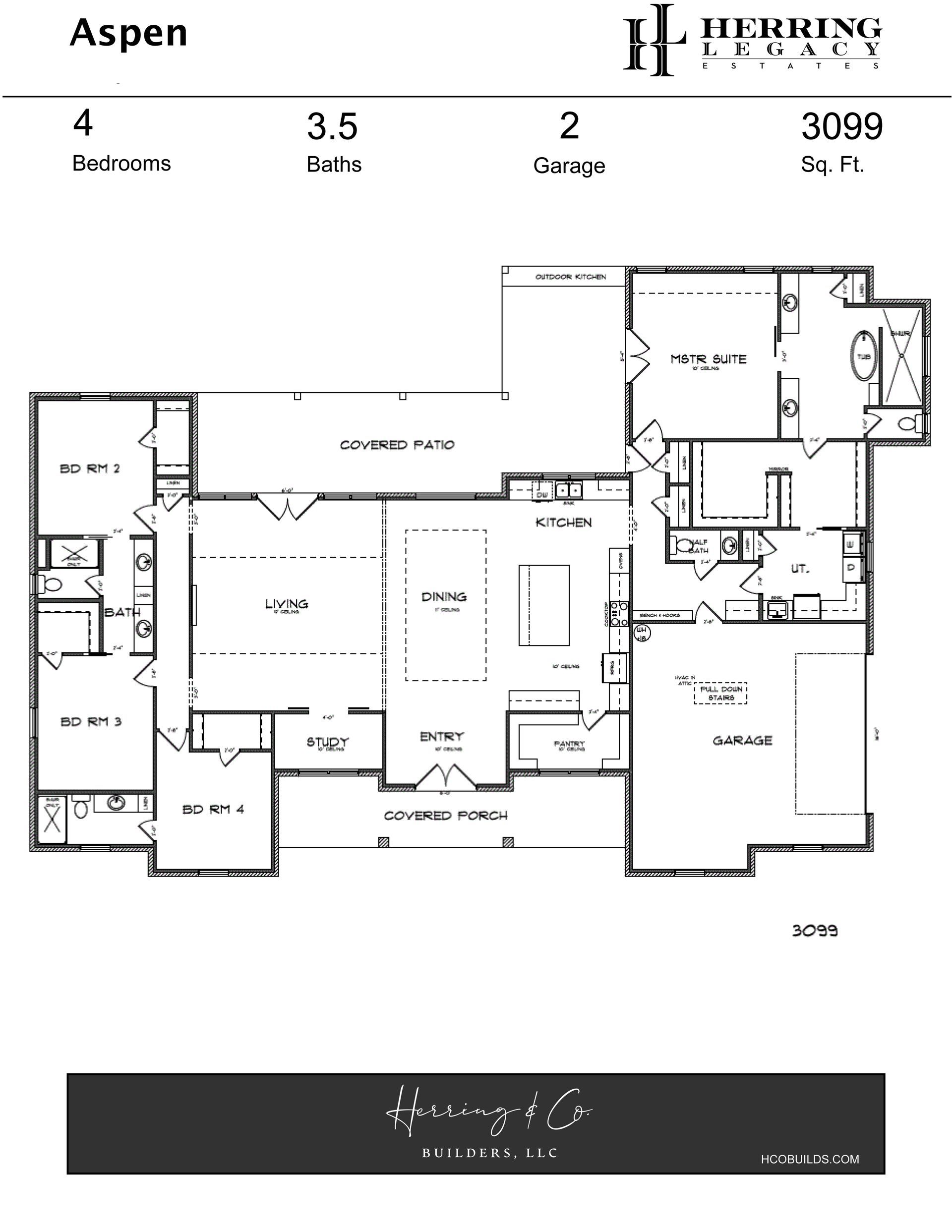 Floor plan of a house with four bedrooms, 2.5 baths, and a three-car garage; labeled 