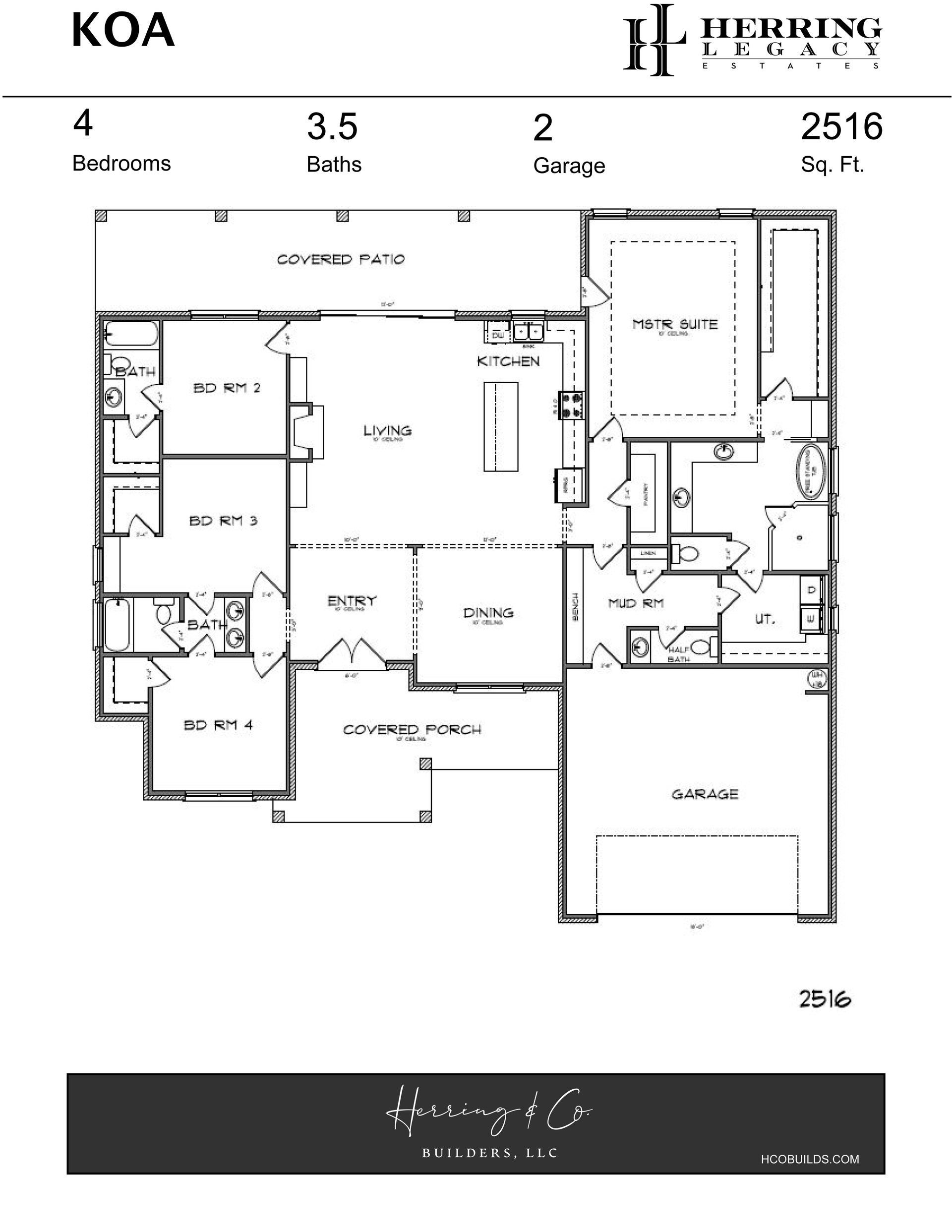 Floor plan of a house with four bedrooms, 3.5 baths, and a two-car garage.