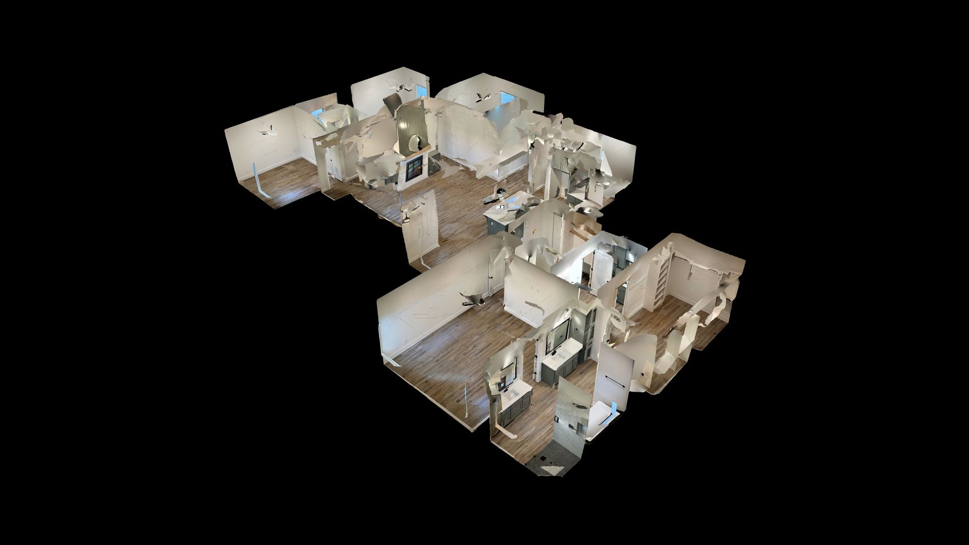 3D rendering of a home's interior, viewed from above, with rooms and furniture visible.
