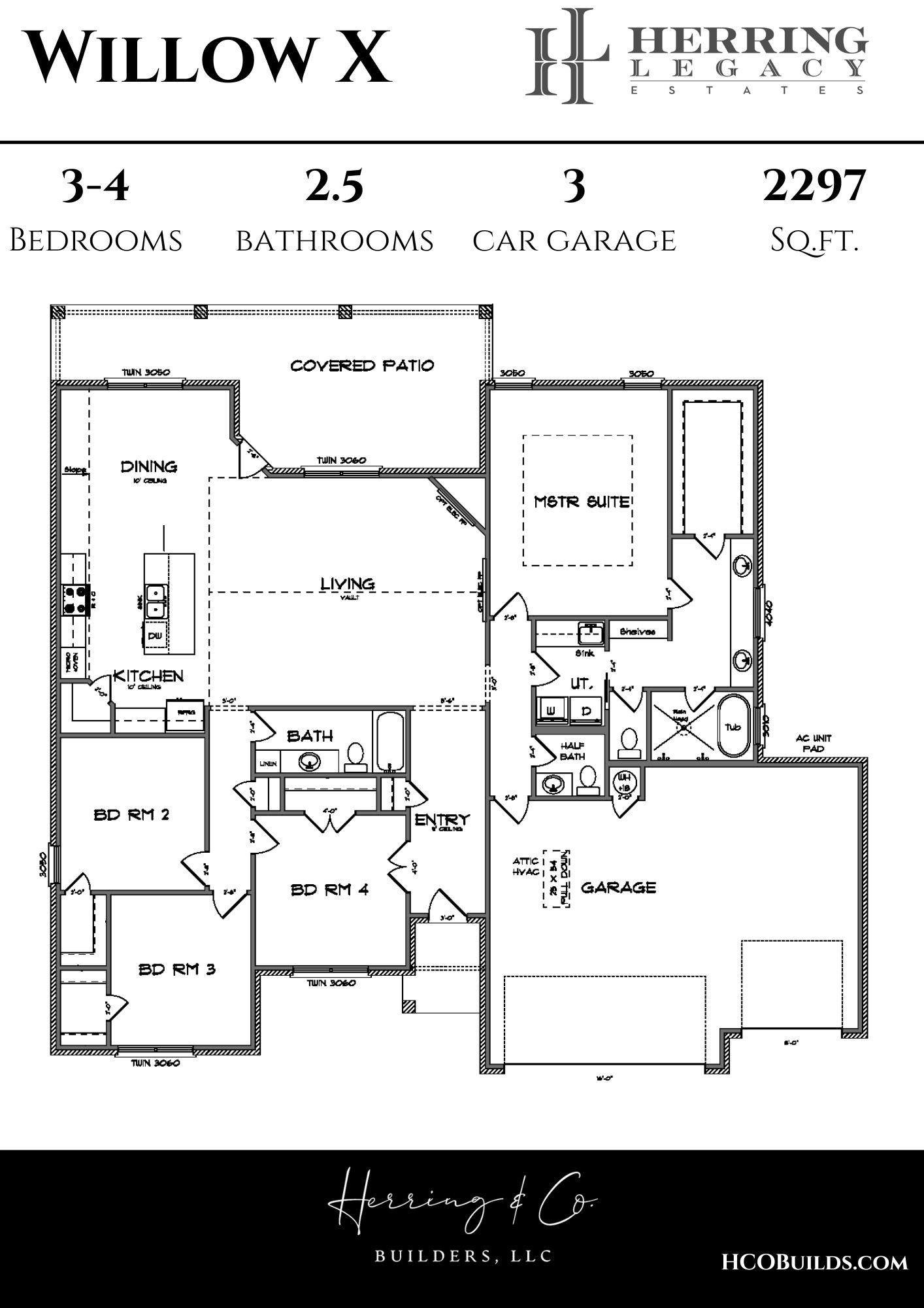 Floor plan of a house with four bedrooms, 2.5 baths, and a three-car garage; labeled 