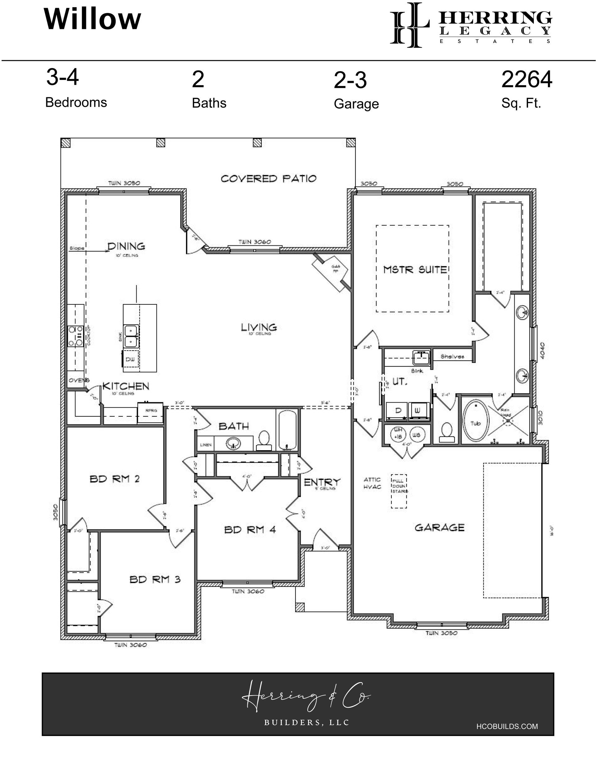 Floor plan for a house named Willow. Contains bedrooms, living areas, a garage, and dimensions.