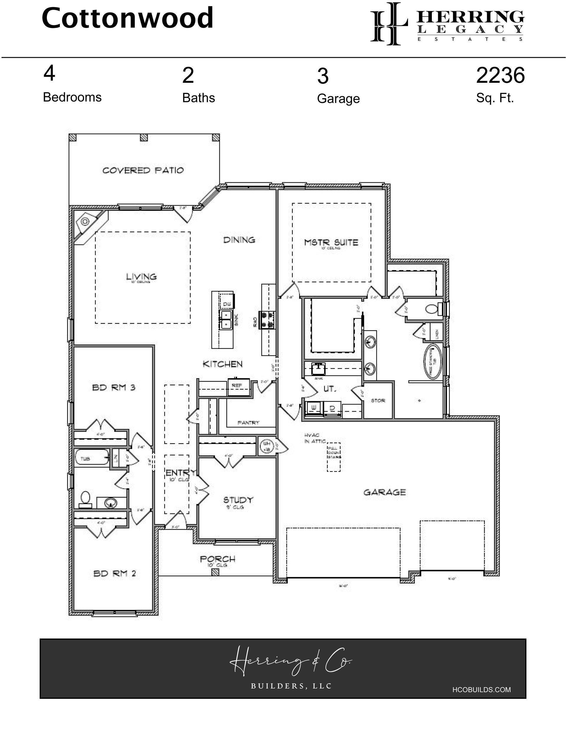 Floor plan of a Cottonwood house with four bedrooms, two baths, and a three-car garage.