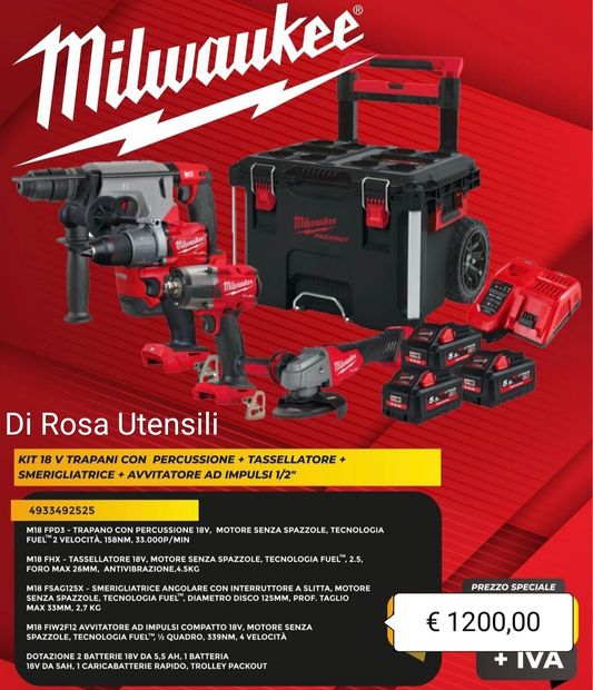 KIT 18 V TRAPANI CON PERCUSSIONE +TASSELLATORE+SMERIGLIATRICE+AVVITATORE AD IMPULSI 1/2 KIT UTENSILI MILWAUKEE