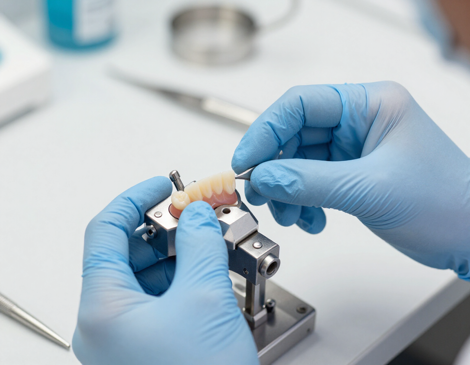 Mani del dentista che lavorano su un articolatore dentale con una protesi in ceramica