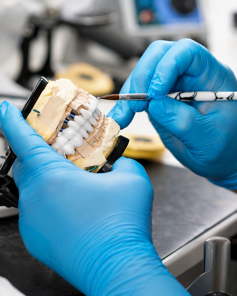 Professionista dentale in studio moderno consulta un paziente guardando un modello dentale