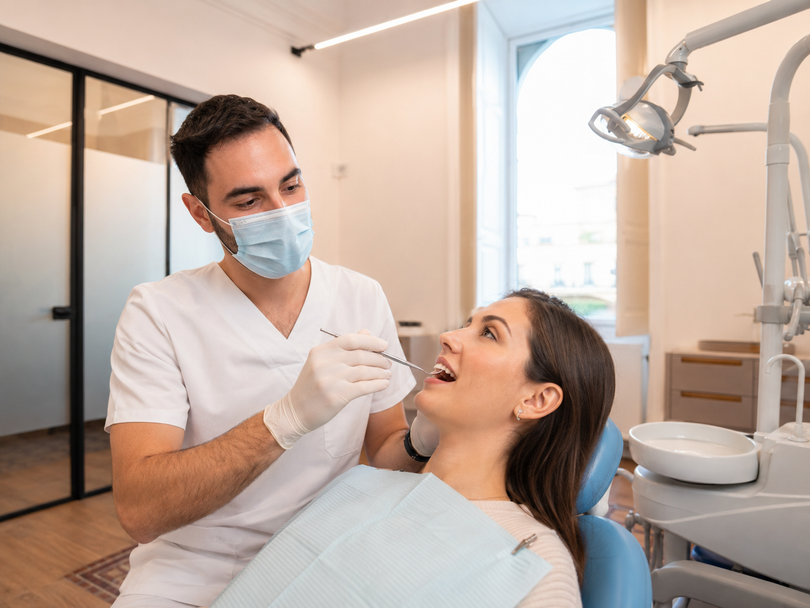 Dentista al lavoro con strumenti di precisione in ambiente rassicurante