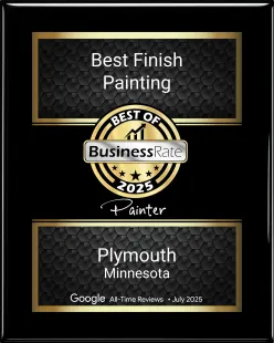 Best Finish Painting award plaque for Plymouth, Minnesota, with gold-and-black Business Rate 2025 badge