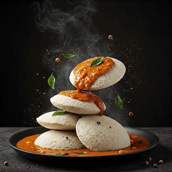 Steaming idli with sambar