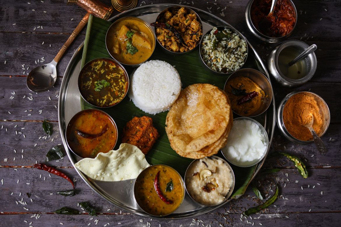 South Indian thali on banana leaf