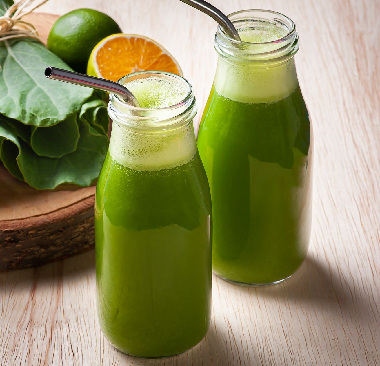 Fresh green drinks in bottles