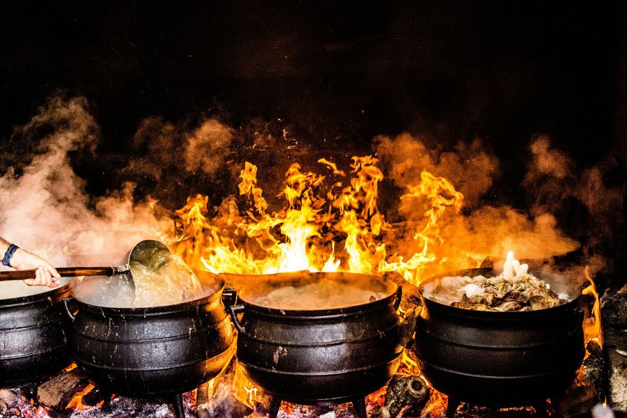 Food cooking over open flames