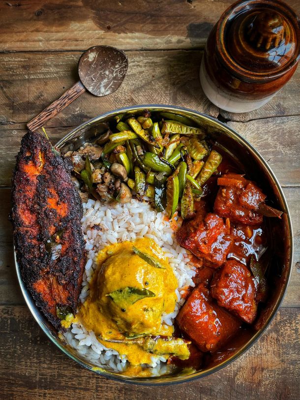 Indian thali with rice and curries