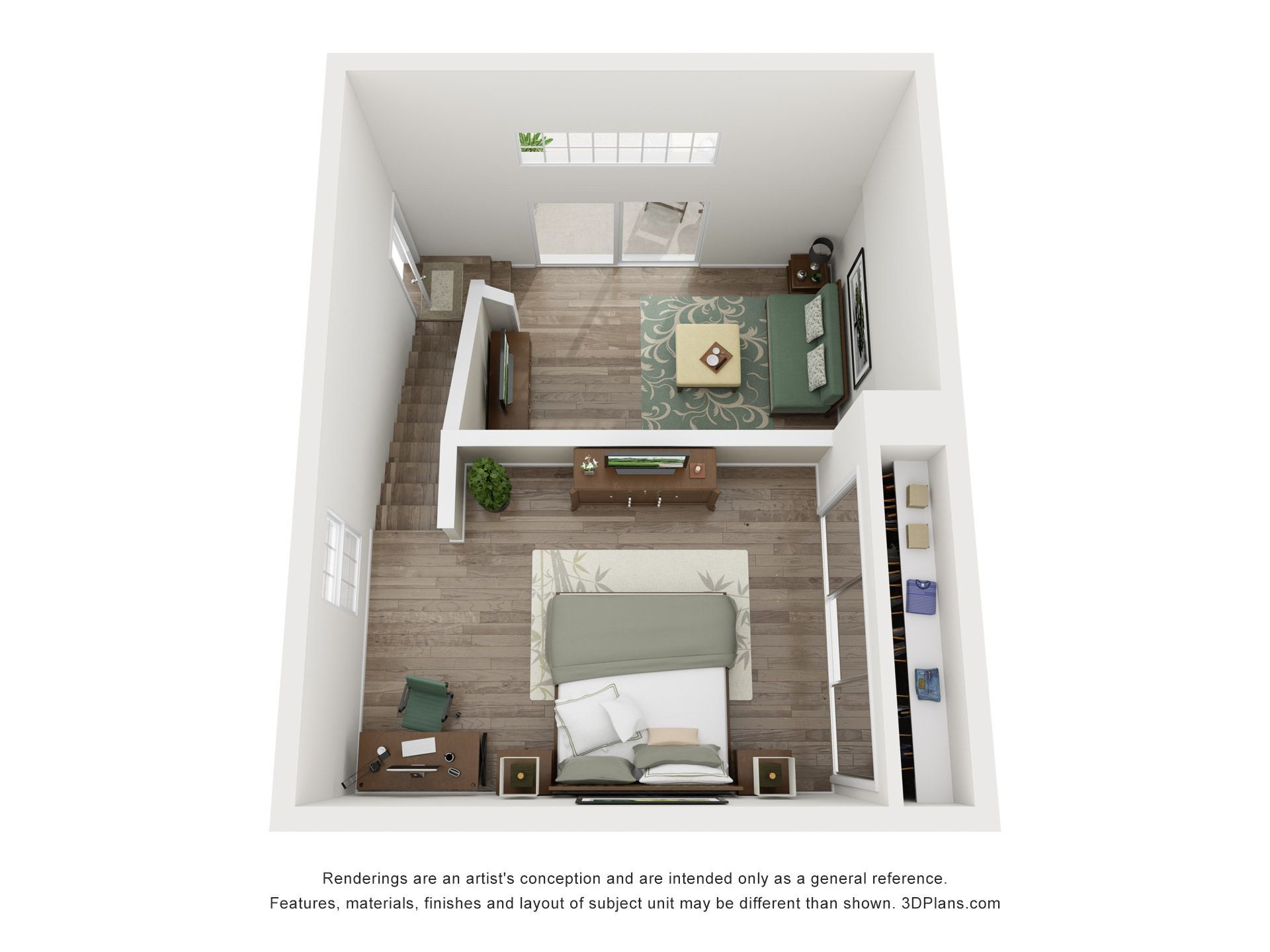 A 3d floor plan of a small apartment with a bedroom , living room , and dining room.