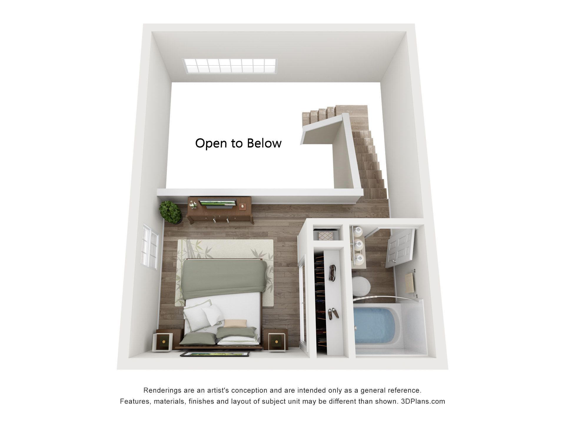 A 3d floor plan of a small apartment with a bedroom , bathroom , and stairs.