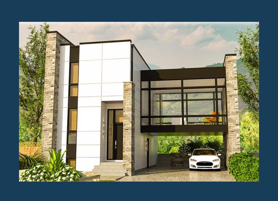 Modern two-story house with white and stone facade, large windows, and a white car parked in the driveway