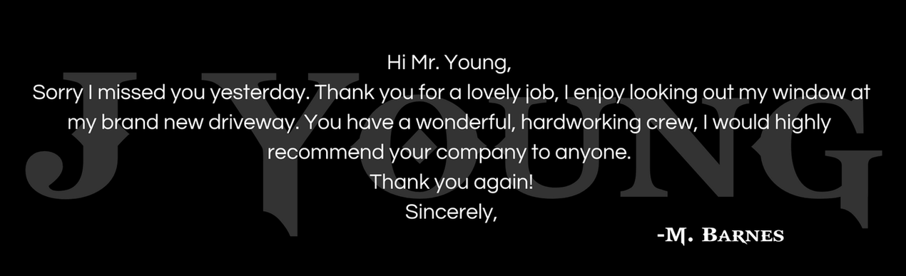 A testimonial on a black background. "J YOUNG" is vertically positioned. The testimonial text.