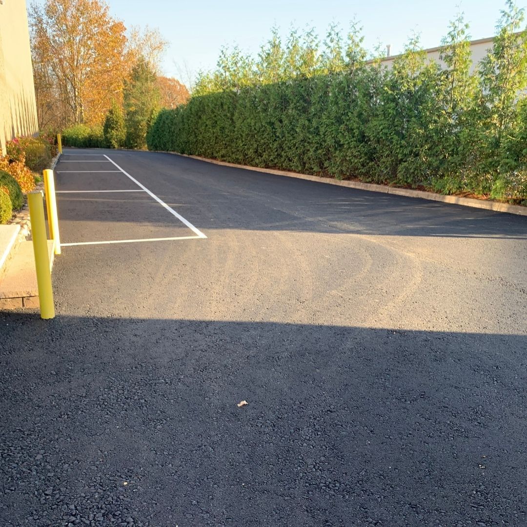 Asphalt parking area with a row of green bushes on the right and a yellow pole on the left.