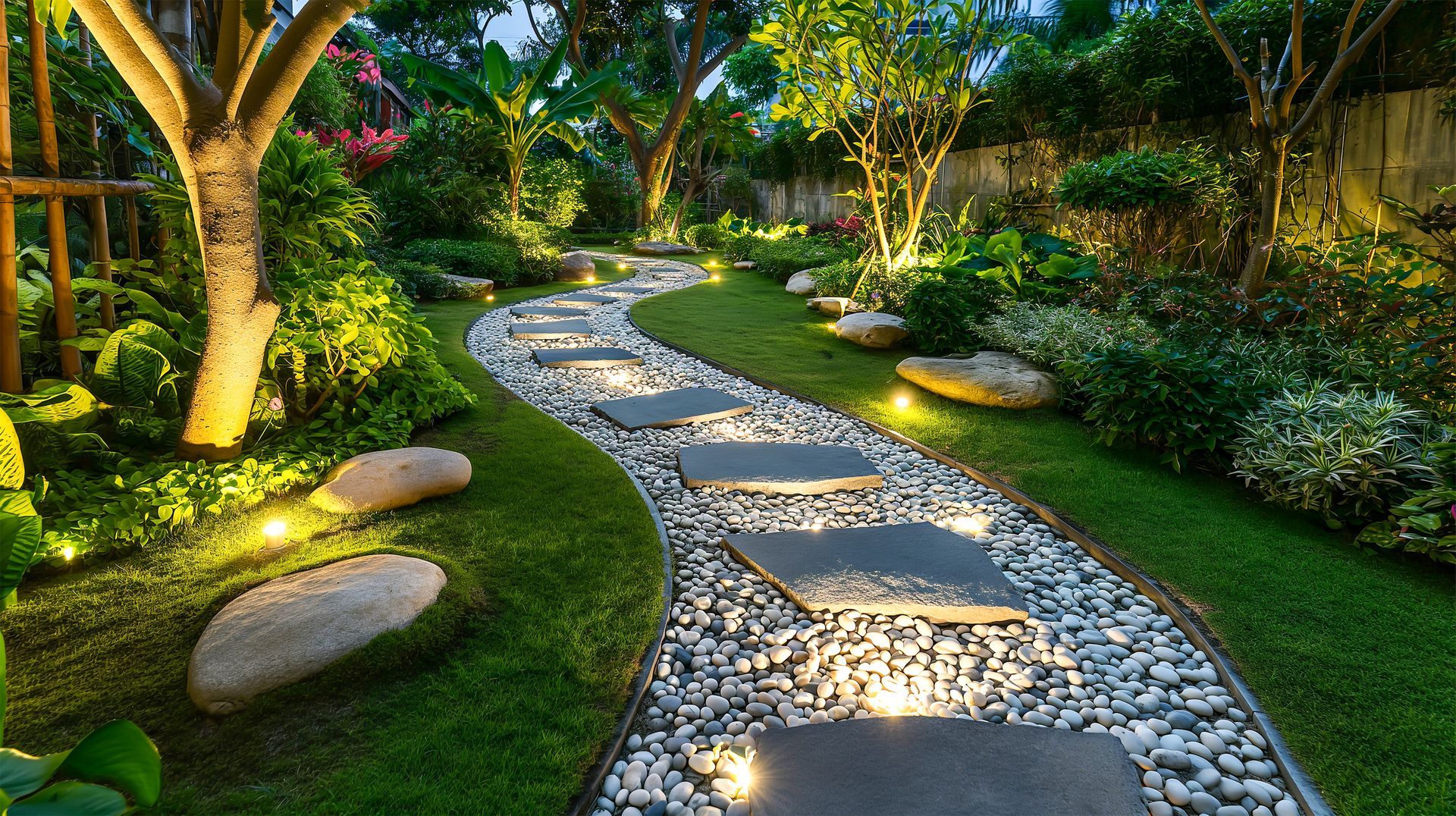 A winding garden path with stepping stones, illuminated by small lights, surrounded by greenery and trees.