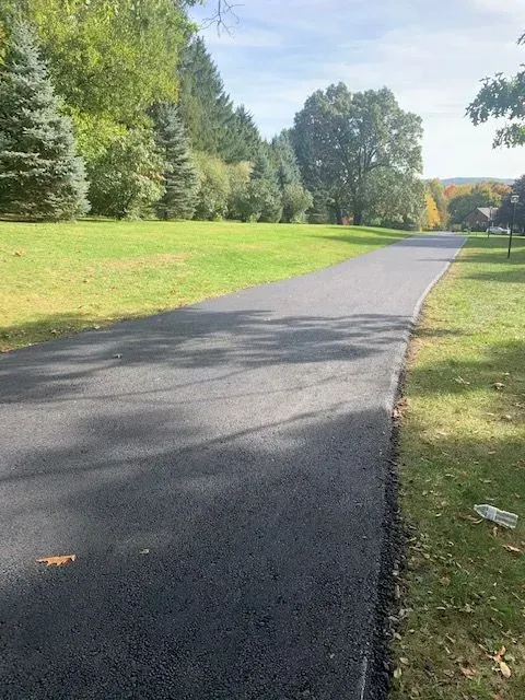 Black asphalt driveway bordered by green grass and trees, on a sunny day.